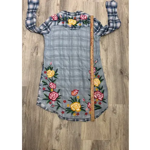 Kyla Seo Plaid Tunic Dress Embroidered Flowers Button Up Size Large Blue