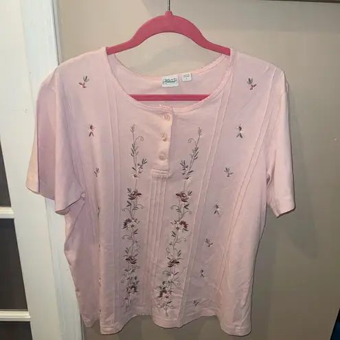 Haband Light Pink Floral Embroidered Blouse Tshirt top shot vintage woman’s L Size L