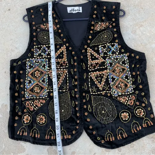 Vintage 90s Effeci Black Velvet Beaded Sequin Open Front Vest. Size undefined