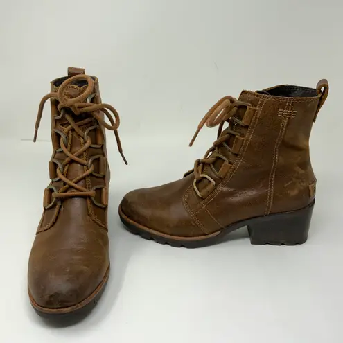 Sorel  Cate Lace Up Genuine Waterproof Leather Chunky Heel Ankle Booties Shoes 6