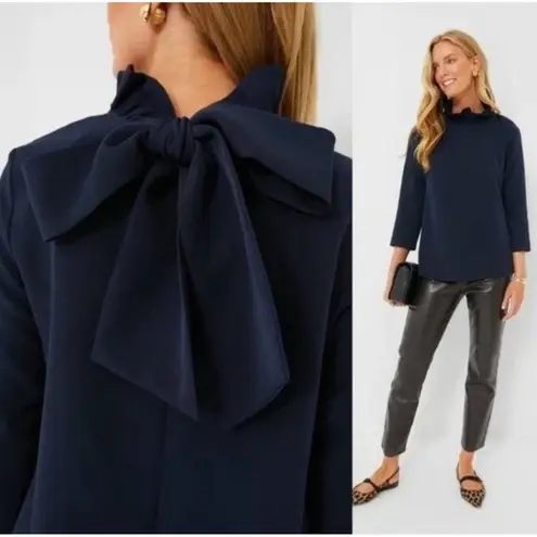 Tuckernuck NEW Navy Faye Preppy Bow Ruffle Collar 3/4 Sleeve Blouse Size Large Blue