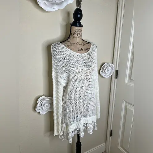 Entro NTM: Open Weave Knit Crochet Layered Lace Cream Tunic Sweater Sz M