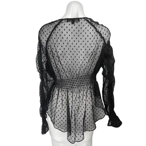 Dance & Marvel Black Long Sleeve Ruched Mesh Sheer Polka Dot Peplum Blouse Top S