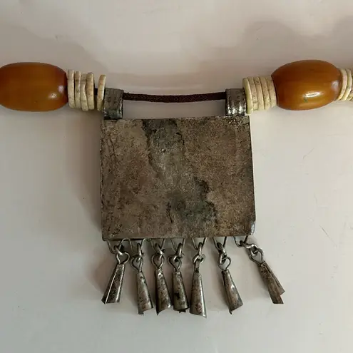 Handmade Vintage authentic African tribal necklace with metal center amber colored beads