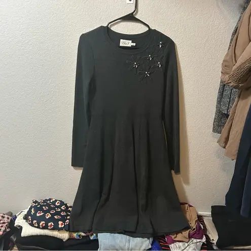 Eliza J Dark Gray Long Sleeve Embroidered Sweater Dress MEDIUM