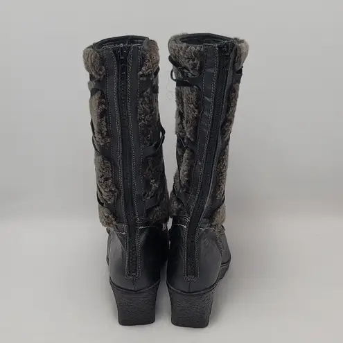 Jack & Lucky Womens Leather Fur Lace Up Back Zipper Low Wedge Tall Boots Size 39 Black