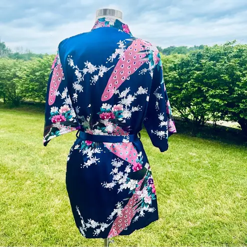 Oriental Village Blue Kimono/Robe with Floral and Peacock Design