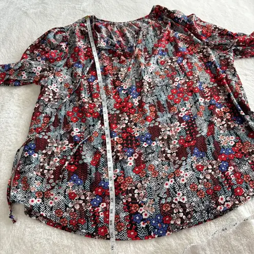 Floral Print Blouse Top Womens Size 3X Red Blue Tie Neck Flounce Sleeve Boho