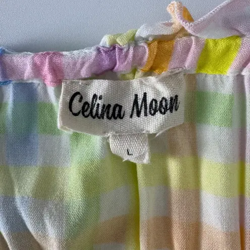 Celina Moon Pastel Plaid Mini Dress Women Large Smocked Sundress Summer Beachy Yellow
