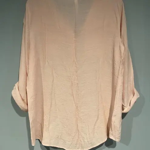 Ny Collection Pink Banded V-Neck Long Sleeve Button Front Lace Top