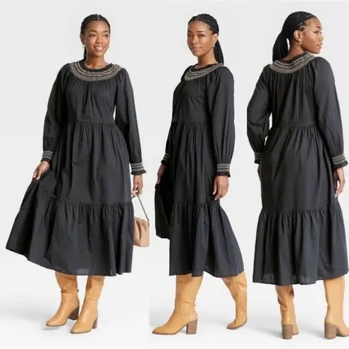 Universal Threads Universal Thread Smocked Long Balloon Sleeve Black Maxi Dress XS Ruffles NWT