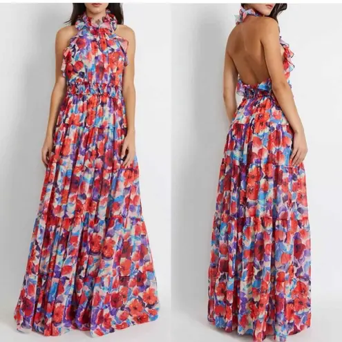 PATBO Violet Floral Flutter Halter Style Maxi Dress Size US 8 Cherry