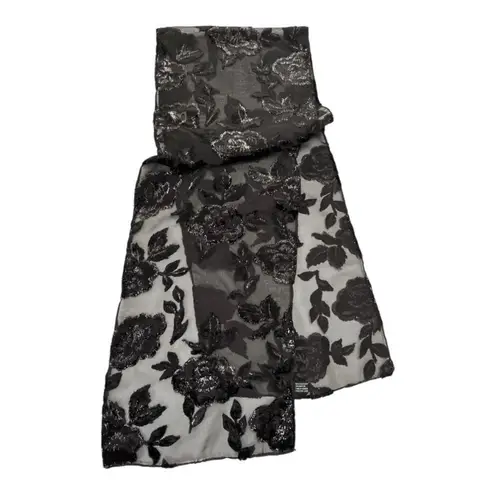 New York And Company Y2K Black Flocked Velvet Roses Metallic Sheer Scarf Wrap
