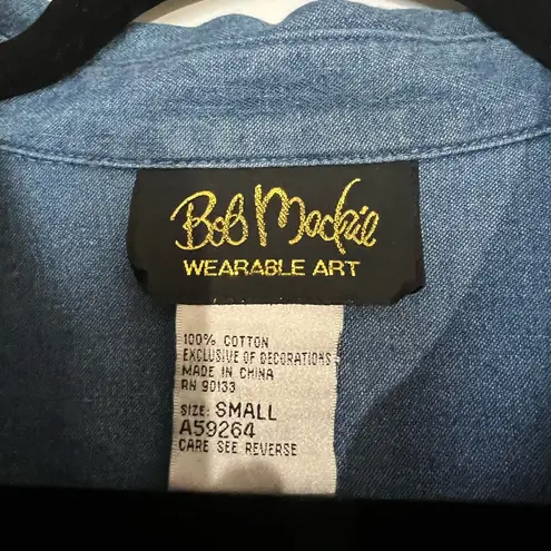 Bob Mackie Wearable Art Blue Denim Strawberries Shirt Size S