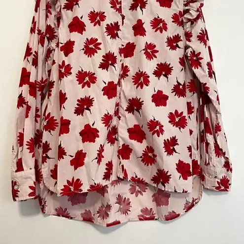 FREE ASSEMBLY Button Shoulder Blouse Long Sleeve Light Pink ? Red Floral Ruffle Size L