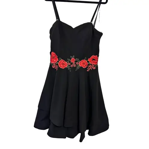 Roz & Ali Black Sleeveless Dress With Red Rose Embroidery At Waistline