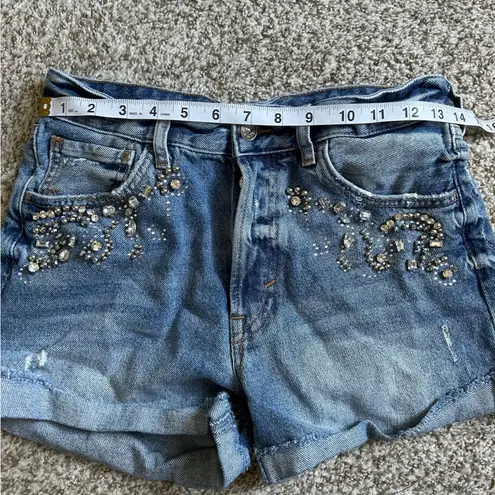 H&M 🦋 & Denim  High Waisted Shorts Bedazzled Jewel Beading Blue Summer Casual 8