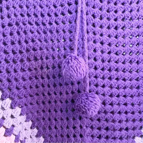 None Granny Square Crochet Purple Poncho One Size Pom Poms Grannycore