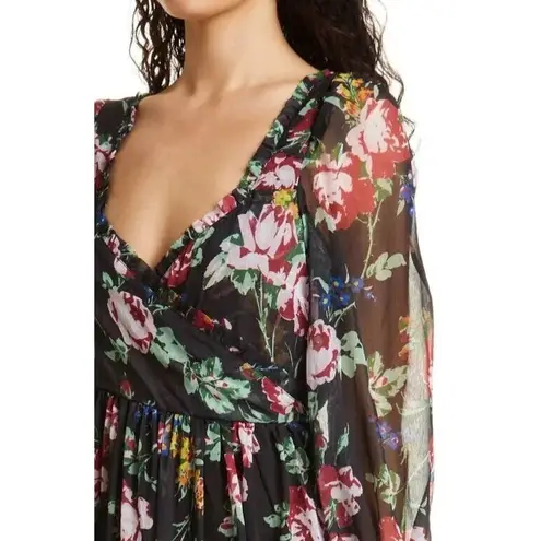 ByTIMO Floral Wrap Bodice Long Sleeve Chiffon DRESS SIZE S $495 BLACK MULTI B6