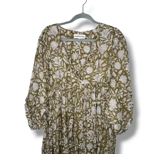 Daughters of India Kyra Midi Boho Maxi Dress Floral Print V Neck Tiered Green Size L