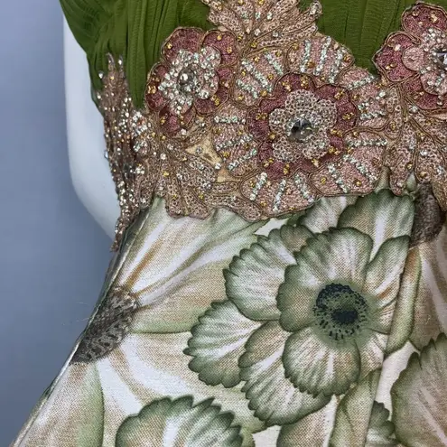 Indian Dress Rhinestones Floral Size XL Green Ruched Top Maxi Floral Embellished