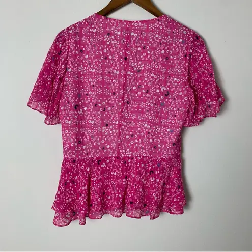 Tanya Taylor  Silk Pink Floral Printed V Neck Wrap Blouse Size 6