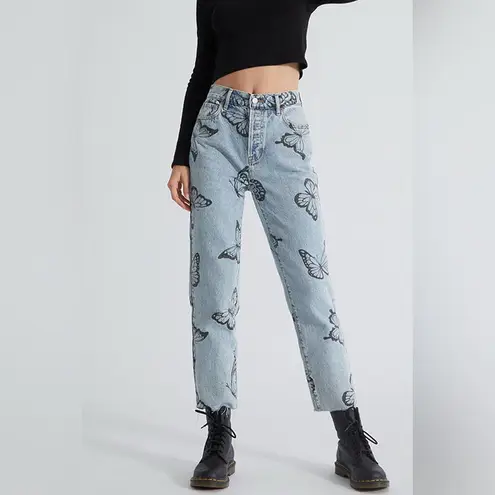 PacSun  eco butterfly print high waisted straight leg jeans with frayed hem 25
