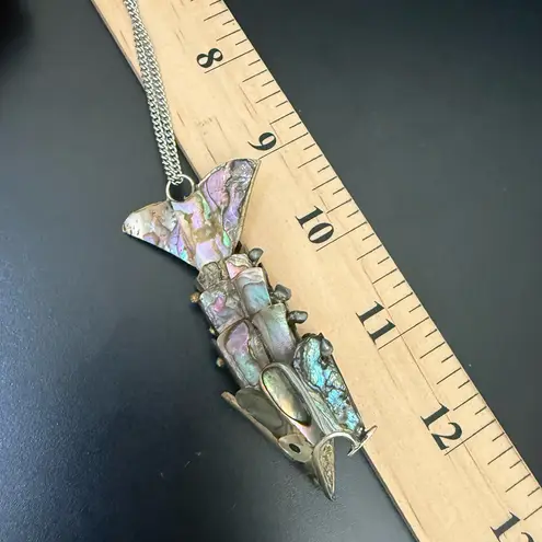 Vintage 60s Sterling Silver Abalone Shell Articulated Fish Bottle Opener Pendant
