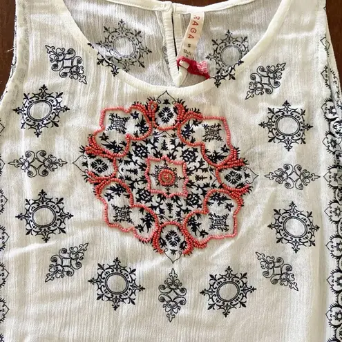 Raga White Blue Orange Printed Beaded Tank Top Sz S