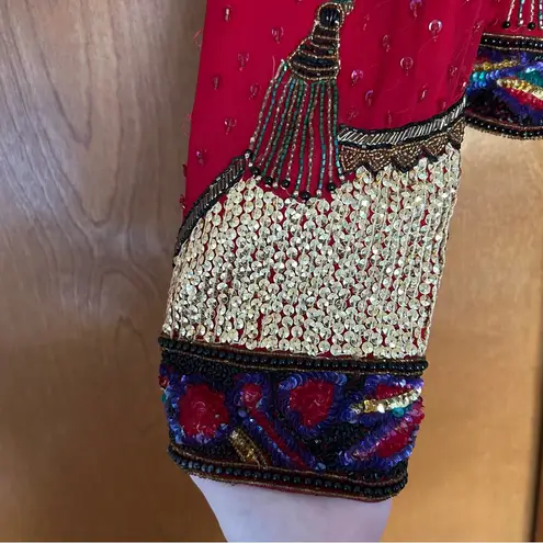 Laurence Kazar Vintage Silk Beaded Jacket Red Size Small 80s Funky Art to Wear