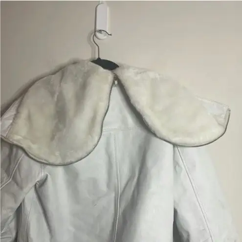 White 100% Leather Long Sleeve Bomber Jacket Faux Fur Hood Coat Size undefined