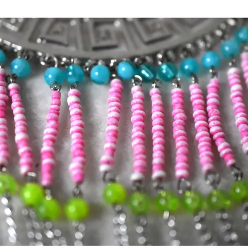 Source Unknown Vintage Tribal Long Multi Color Beaded Fringe Silver Tone Bib Choker Necklace
