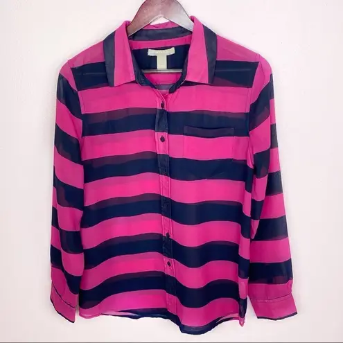 Banana Republic  Sheer Rugby Stripe Button Front Shirt Small Pink Black