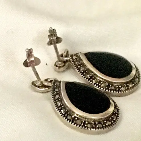 Onyx Vintage Marcasite Sterling Silver Tear Drop Shaped Earrings