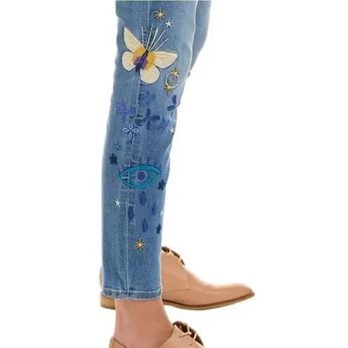 Johnny Was Good Vibes Skinny Jeans Size 32 Blue Embroidered Celestial Boho Artsy