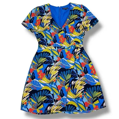 J. Crew Tropical Print Faux Wrap V Neck A Line Dress Blue Multi Size 8
