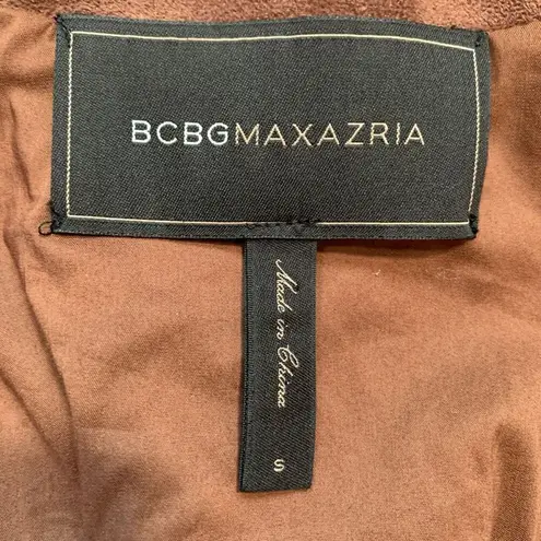 BCBG Max Azria Reiss Vegan Suede Leather Jacket Fringe Accents Toffee Brown