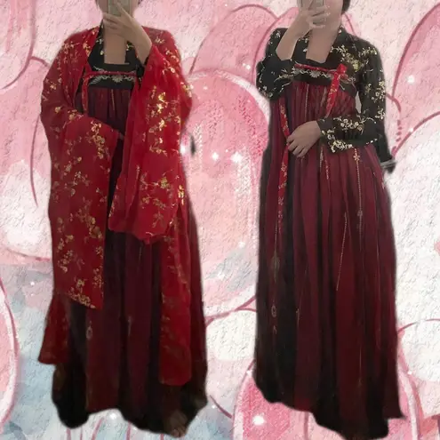 Chinese Traditional Hanfu Black Red 3 Pcs Outer Jacket And Dress Size undefined