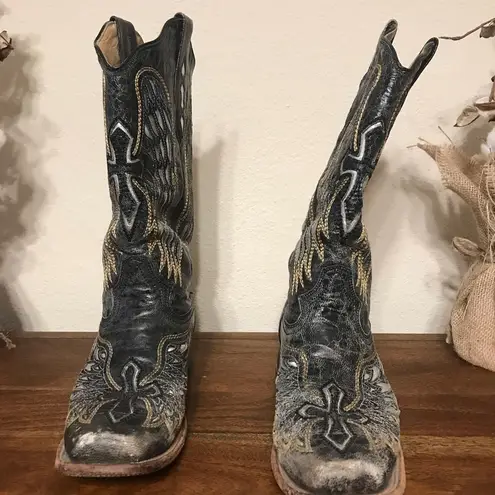 Corral Ladies  Black Leather Distressed Cross Wings Western Boots Size 9.5 M