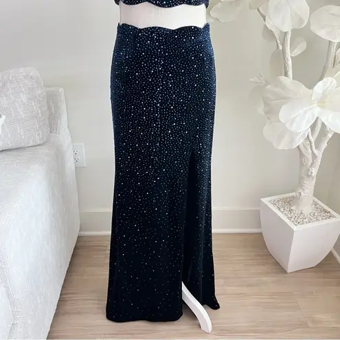 La Femme  High Neck Two Piece Dark Blue Sleeveless Velvet Rhinestone Prom Dress