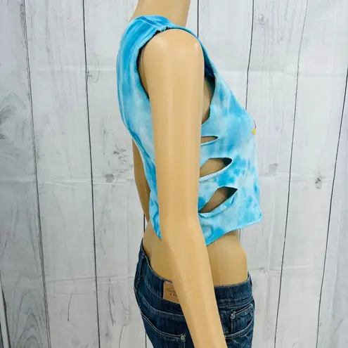 American Vintage VINTAGE 90s Pro West SMALL Redondo Beach Pirate Skull Blue Tie Dye Crop Top