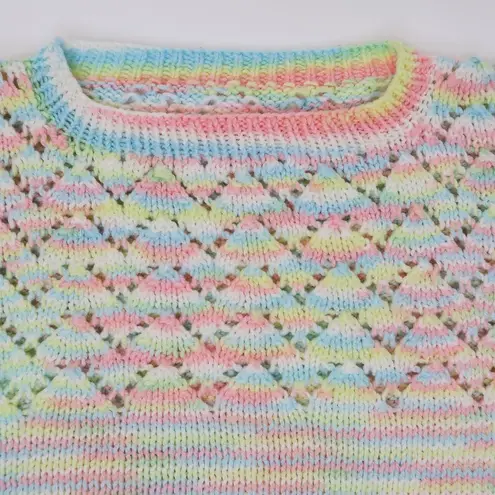 Vintage Homemade Pastel Rainbow Crochet Short Sleeve Sweater Shirt Pink Size M
