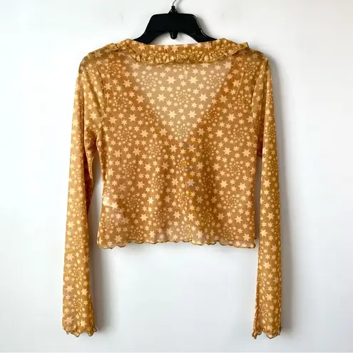 Free People  Marni Tie Front Sheer Star Print Top Orange Gold XS