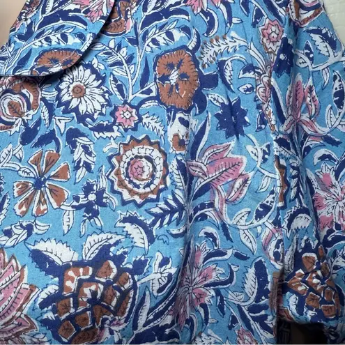 NWT Pomegranate Blue Floral Shifty Shirt Dress Cotton Maxi Belt Button Size XL