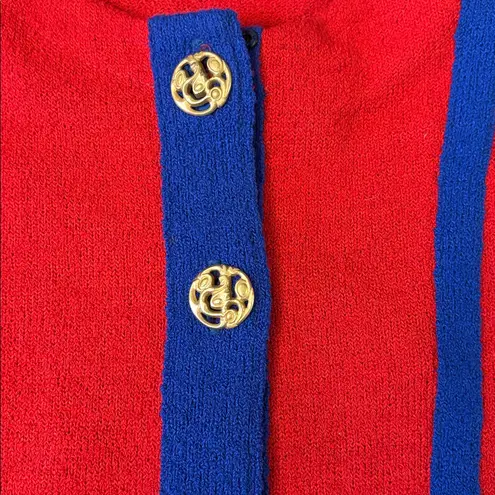 Vintage Castleberry Knit 2pc Skirt Suit Set Red Blue Trim Brass Buttons Size 8