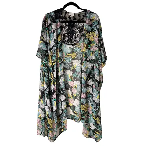Avenue Floral Print Kimono Open Front Plus Size 22/24 Black Lace Trim Topper