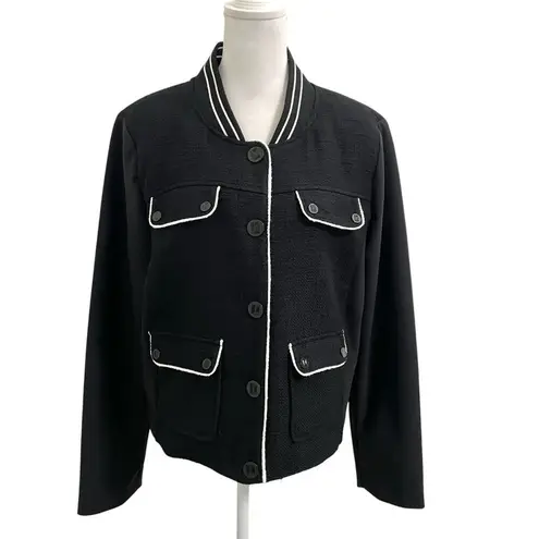 Karl Lagerfeld Baseball Collar Tweed Jacket Mixed Media Pockets Black size XL