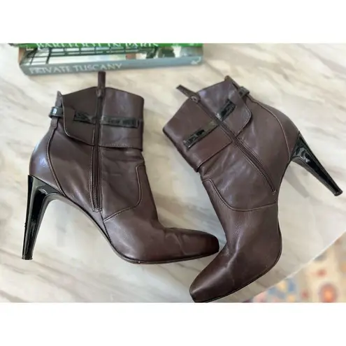 via spiga Chocolate Brown Leather Gold Buckle Point Toe Stiletto Boot