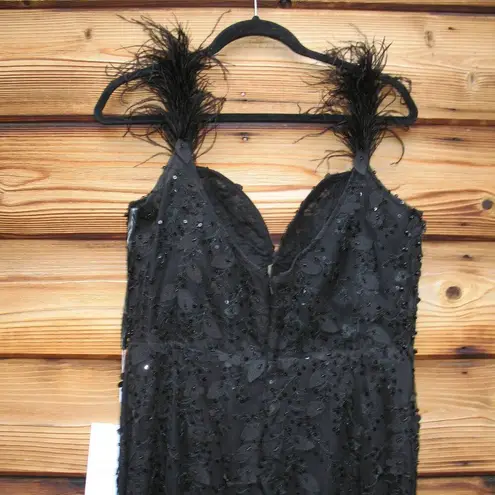 Mac Duggal 20889 Womens Black Sheer Applique Bustier Gown with Feather Straps