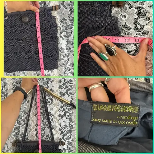 Dimensions vintage Black Crochet macrame Shoulder Bag wood euc 11”X11”